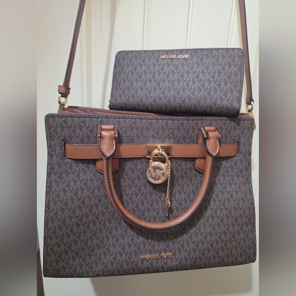 Michael Kors Brown Hamilton Medium Logo Satchel And Matching Wallet